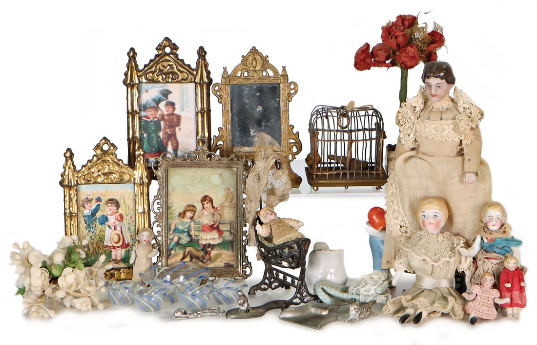 dollhouse decoration pieces, pictures, frames, sheet metal or tin, 2 mirror, small doll cradle, (1 of 1)