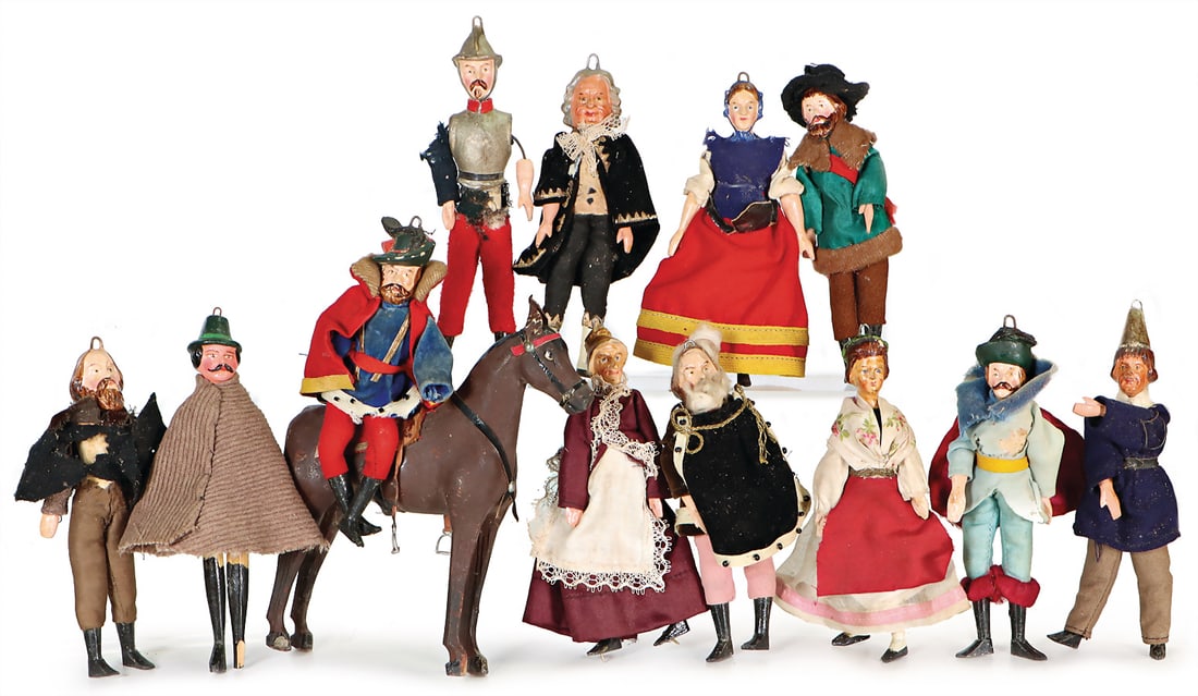 nice mixed lot of theater figures, 14-16 cm, 12 pieces, mass heads, very expressive, wooden arms and: nice mixed lot of theater figures, 14-16 cm, 12 pieces, mass heads, very expressive, wooden arms and legs, fabric-wire-body, 1 mass horse, tail is missing, old clothes, 13.5-16 cm German Description S