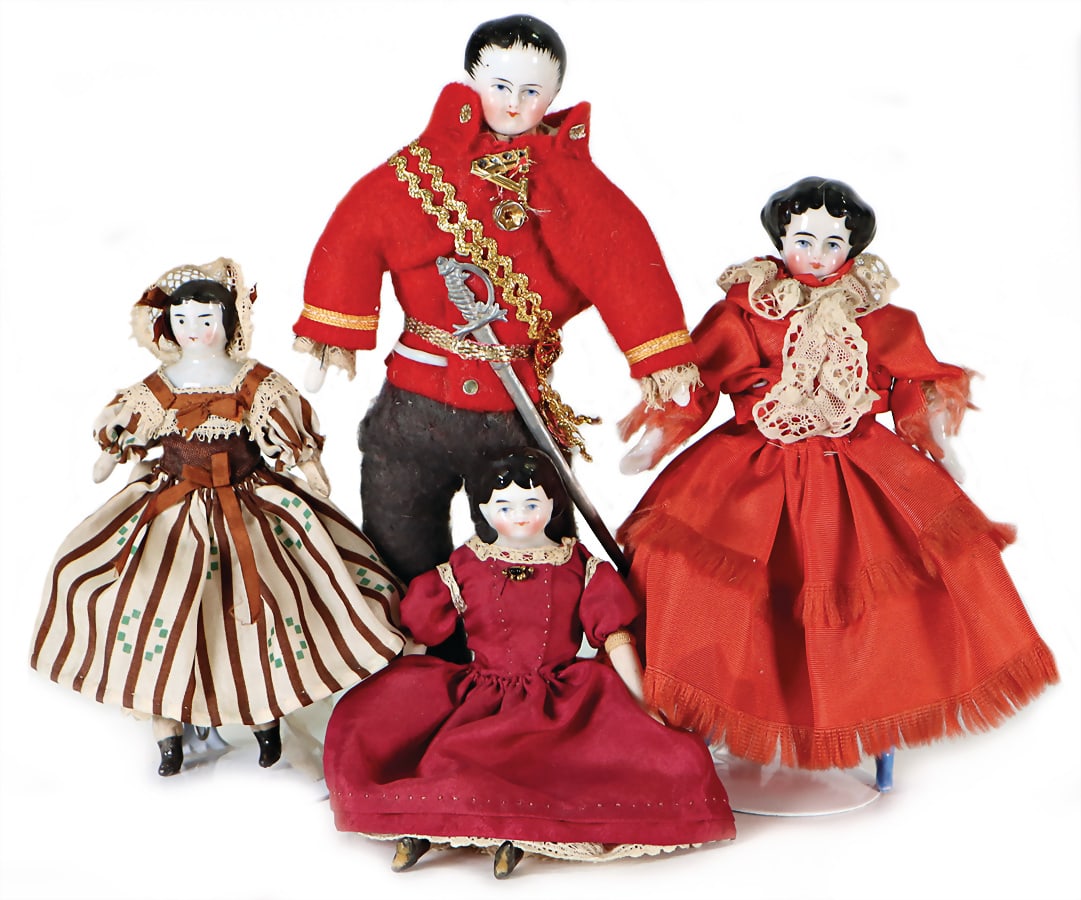 4 pieces, dollhouse dolls, Biedermeier, 10.5-16 cm, enameled shoulder headed dolls, bisque or (1 of 1)