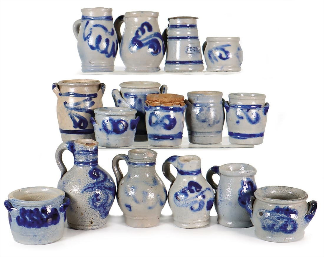 mixed lot of doll kitchen parts, ceramic, 4-9 cm, pots, jugs, 1 jug with tin cover, stamped "Dem (1 of 1)