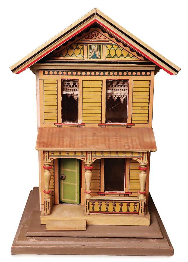 GOTTSCHALK nice small dollhouse, height: 32 cm, width: 23 cm, 2 room, inside old wallpaper,  (1 of 4)