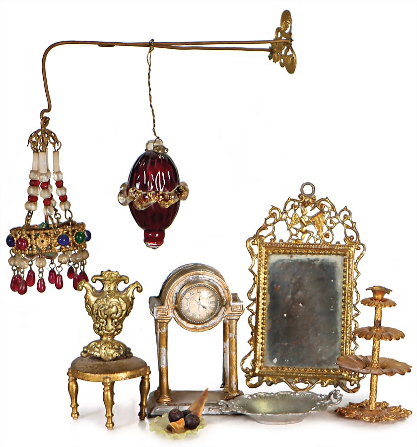 ERHARD & SÖHNE dollhouse decoration pieces, gilded sheet brass, table etagere with candle (1 of 1)
