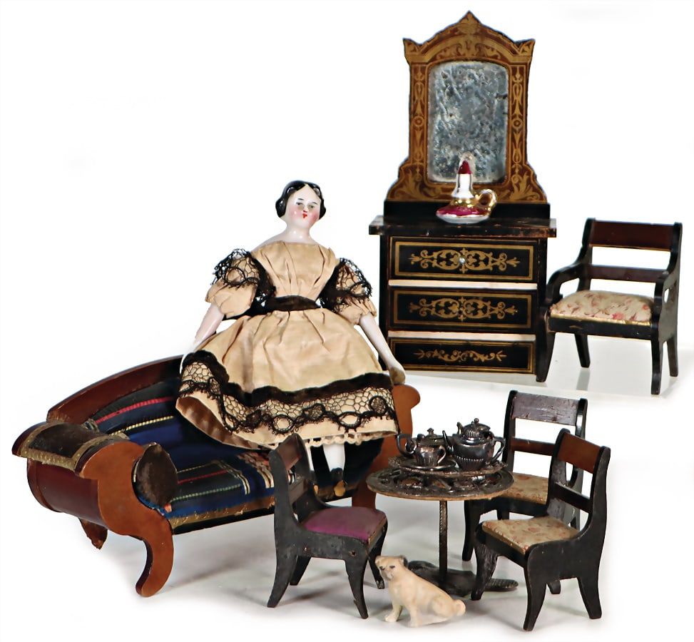 dollhouse decoration pieces, small chest of drawers with mirror, 13.5 cm, Boulle ornaments, chairs, (1 of 1)
