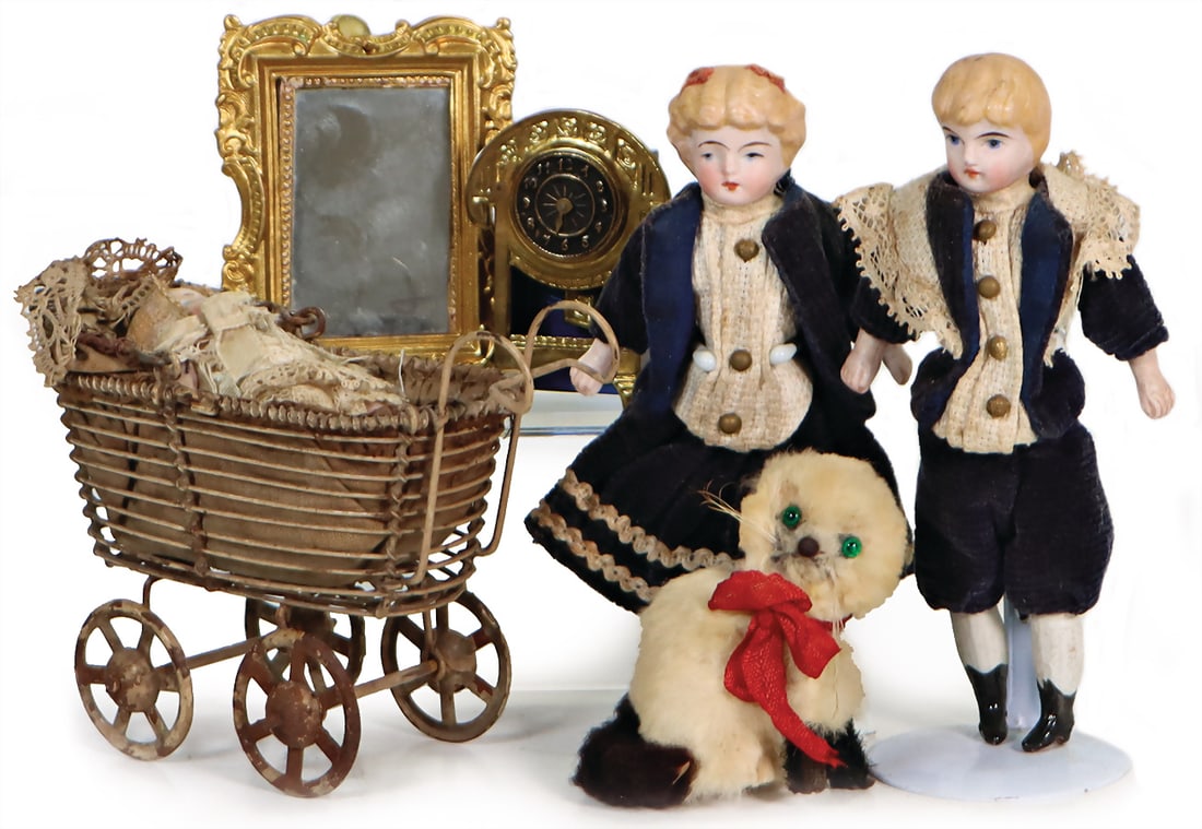 2 dollhouse dolls, bisque porcelain shoulder headed dolls, arms and legs, fabric body, 12 cm, 1 (1 of 1)