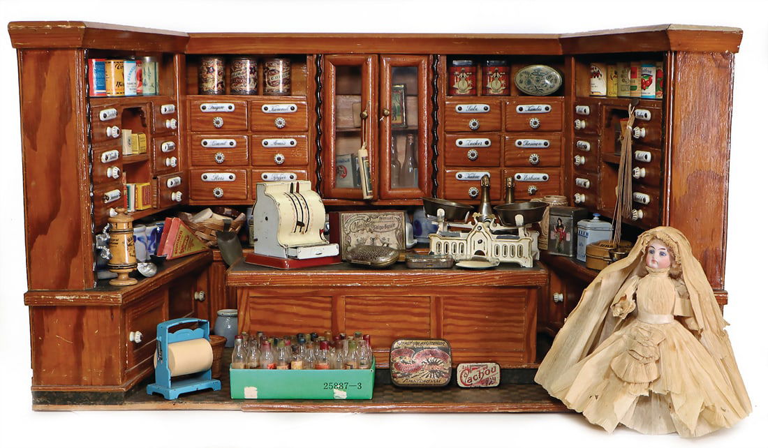 shop, c. 1910, width: 65 cm, height: 36 cm, drawers with porcelain signs, porcelain knobs, original (1 of 1)