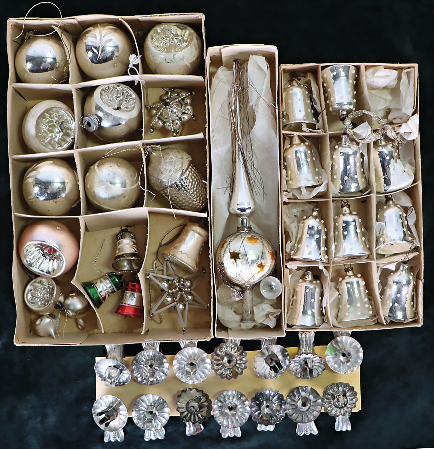 mixed lot of old Christmas tree decoration, with candle holder and mirror glass balls, in a box (1 of 1)