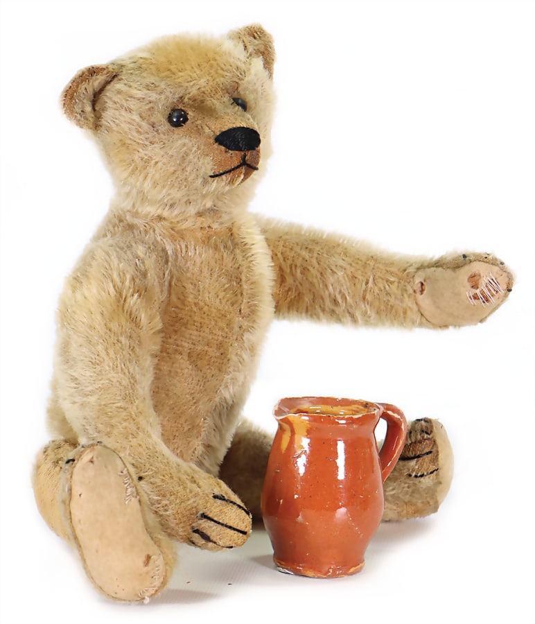 STEIFF bear, c. 1920, 30 cm, mohair plush, shoe button eyes, long snaped off arms, used, faults at (1 of 3)