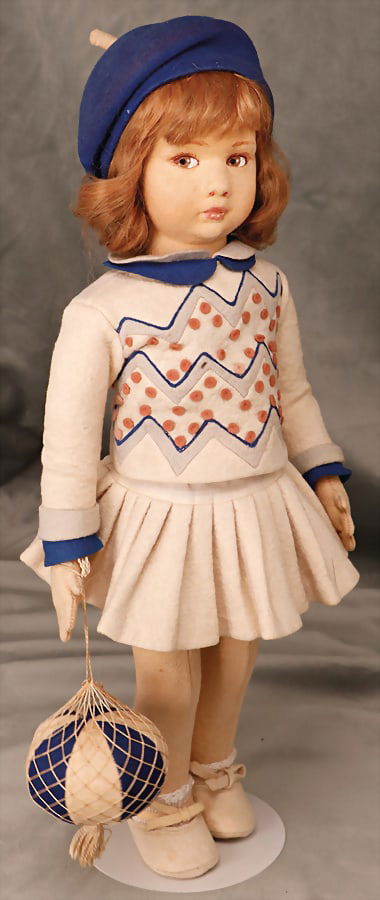 LENCI felt doll, girl, with to the side looking painted eyes, mohair wig, original felt clothes, (1 of 3)