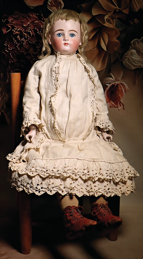 KESTNER bisque shoulder headed doll, 76 cm, blue sleepy eyes, closed mouth, dimple at chin, fabric: KESTNER bisque shoulder headed doll, 76 cm, blue sleepy eyes, closed mouth, dimple at chin, fabric body, bisque forearms, old mohair wig, old plaster cover, old clothes and shoes German Description KE