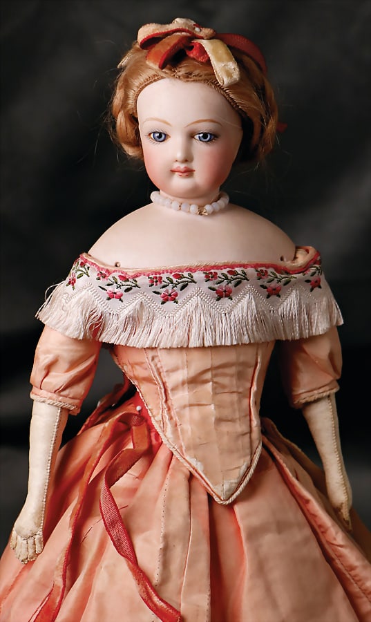 Fashion Doll, France, c. 1890, 34 cm, bisque socket head, fix inset blue  glass eyes, closed (1 of 5)