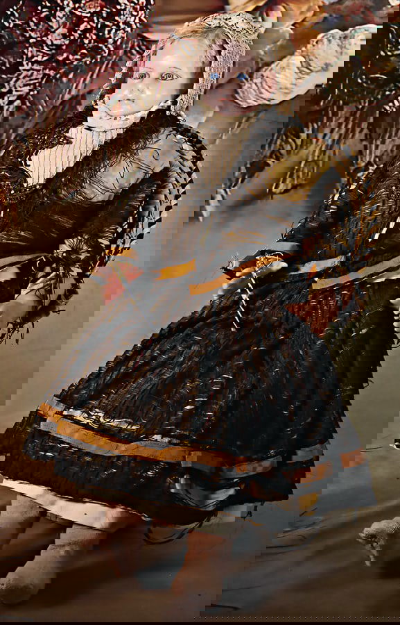 wax shoulder headed doll, 69 cm, exceptional size, inset real hair, fix inset blue glass eyes,: wax shoulder headed doll, 69 cm, exceptional size, inset real hair, fix inset blue glass eyes, closed mouth, fabric body, wax arms and legs, arms and legs were partially retouched, old clothes,