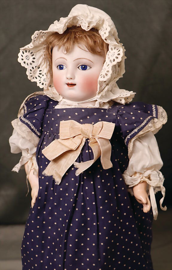 STEINER KIKI STEINER, France, around 1900, 69 cm, bisque swivel head, blue glass eyes, opened mouth,: STEINER KIKI STEINER, France, around 1900, 69 cm, bisque swivel head, blue glass eyes, opened mouth, upper and lower teeth, leather/wire body, mass arms and legs, old mohair wig, clothes old or sewed