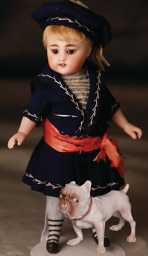 SIMON & HALBIG all-bisque porcelain head doll, German, around 1900, 18 cm, socket head, brown: SIMON & HALBIG all-bisque porcelain head doll, German, around 1900, 18 cm, socket head, brown sleepy eyes, opened mouth, upper teeth, jointed arms and legs, modelled socks and boots, original moha