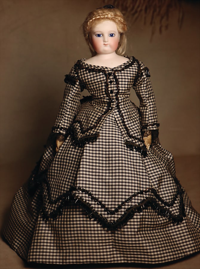 BARRIOS bisque porcelain shoulder headed doll, Fashion-Doll, fix inset blue glass eyes, closed: BARRIOS bisque porcelain shoulder headed doll, Fashion-Doll, fix inset blue glass eyes, closed mouth, leather body with single stitched down fingers, old dress, original wig, and head cover, 32