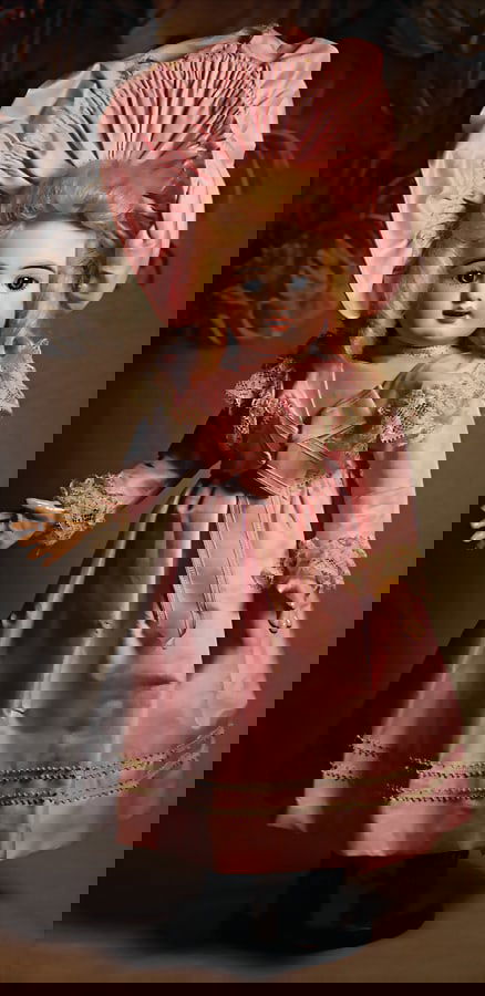 JUMEAU Eden Bébé, Paris, marked No. 5, bisque porcelain socket head, fix inset blue: JUMEAU Eden Bébé, Paris, marked No. 5, bisque porcelain socket head, fix inset blue paperweight eyes, opened mouth, line of upper teeth, pierced ears, on a standing French body, jointe