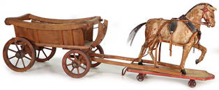 cart, around 1900, wood, wheels with spokes, 1 draft horse, covered with fur, distinctive abrasion,