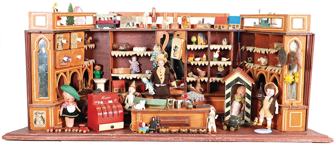 shop, designed like a toy shop, width: 81 cm, height: 33 cm, probably handicraft with accessories, (1 of 1)