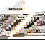 shop for colonial goods, height: 73 cm, width: 83 cm, front shopwindow, drawers with paper signs,