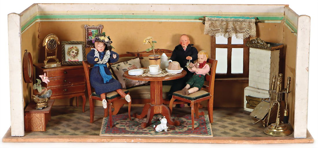 small dollhouse room, c. 1910, width: 46 cm, height: 19.5 cm, furnished, with accessories and doll: small dollhouse room, c. 1910, width: 46 cm, height: 19.5 cm, furnished, with accessories and doll from different periods German Description Kl. Puppenstube, ca. 1910, B: 46 cm, H: 19,5 cm, möbli
