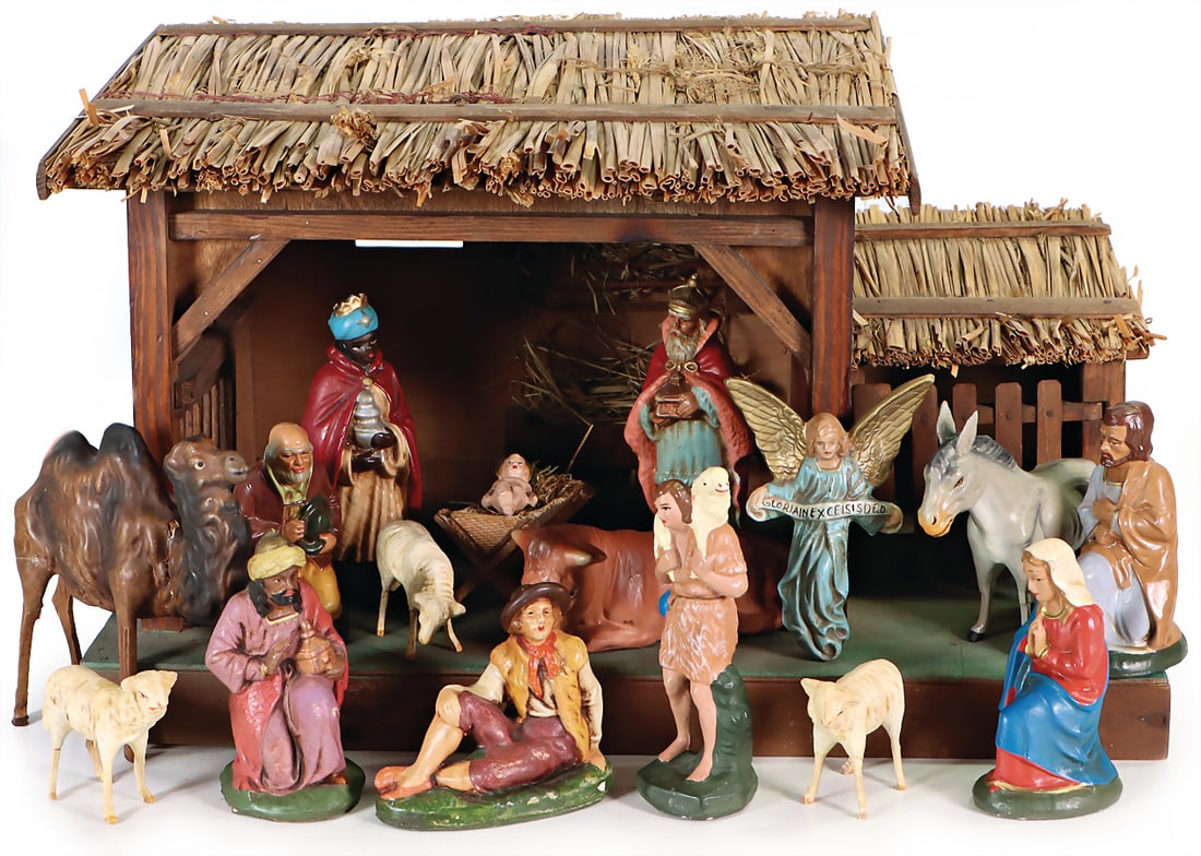 stables with nativity figures, c. 1950, with electrical lighting, some mass figures, holy three: stables with nativity figures, c. 1950, with electrical lighting, some mass figures, holy three kings and animals, stables height: 25 cm, width: 41 cm, and depth: 25 cm, decorative German Description