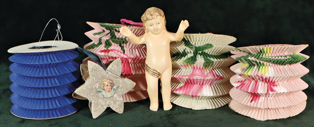 Christmas tree decoration, 4 lanterns, cardboard stars, small celluloid angel   German Description (1 of 1)