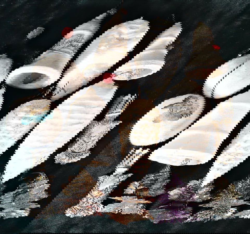 Christmas tree decoration, clamps with candle holder, 1880-1900, 8 pieces cotton wool, cone, bells, (1 of 1)