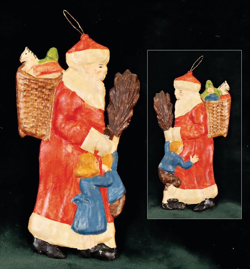 DRESDEN CARDBOARD 1 Santa Claus with pannier, cardboard, 9.5 cm   German Description  DRESDNER PAPPE (1 of 1)