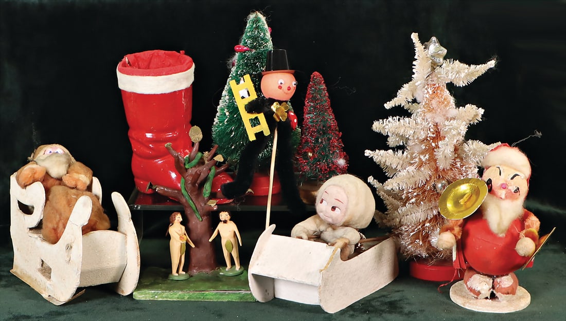 Santa Claus on sledge, cotton wool, child in a cardboard sledge, cotton wool christmas tree, boots,: Santa Claus on sledge, cotton wool, child in a cardboard sledge, cotton wool christmas tree, boots, Adam and Eve at tree of knowledge, different periods German Description Weihnachtsmann auf Schlitten
