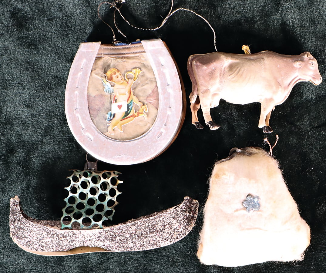 Christmas tree decoration, cotton wool-muff, cow, DRESDEN CARDBOARD, horseshoe, candy container, (1 of 1)