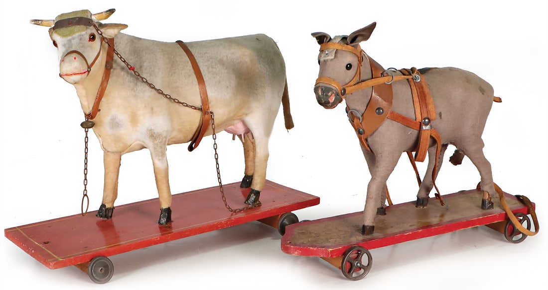 2 pieces, animals for a big farm, cow, 31 cm, cardboard covered with felt, glass eyes, 1 donkey, (1 of 2)