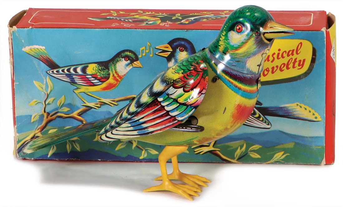 KÖHLER Songbird, lithographed sheet metal, clockwork intact, h: 12 cm, mint original card.: KÖHLER Songbird, lithographed sheet metal, clockwork intact, h: 12 cm, mint original card. German Description KÖHLER Singvogel, Blech lithogr., Uhrwerk intakt, H: 12 cm, neuw. orig.-Kart.
