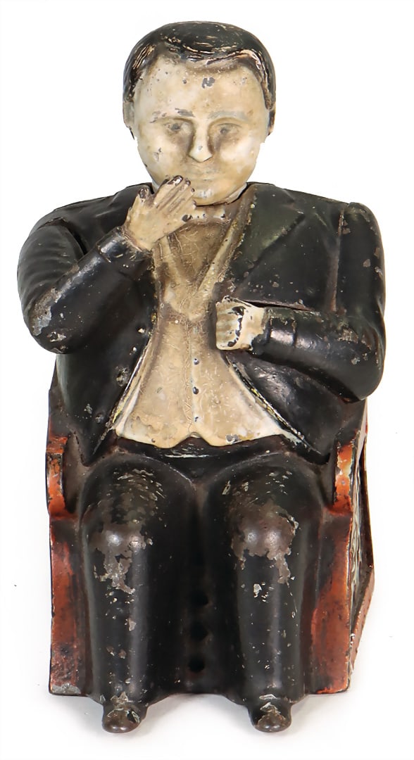 Tamany bench, cast metal, 14 cm, USA, bottom signed Pat june 8 1875, gentleman sitting on a chair,: Tamany bench, cast metal, 14 cm, USA, bottom signed Pat june 8 1875, gentleman sitting on a chair, age-marked, paint rubbed. lacquer defects German Description Tamany Bank, Metallguss, 14 cm, USA, Bod