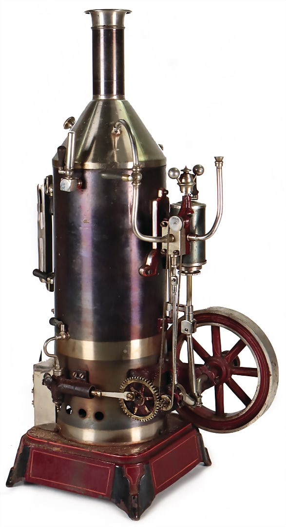 FALK Large vertical steam engine, c. 1920, h: 47 cm, boiler diameter 11 cm, water level glass, (1 of 3)