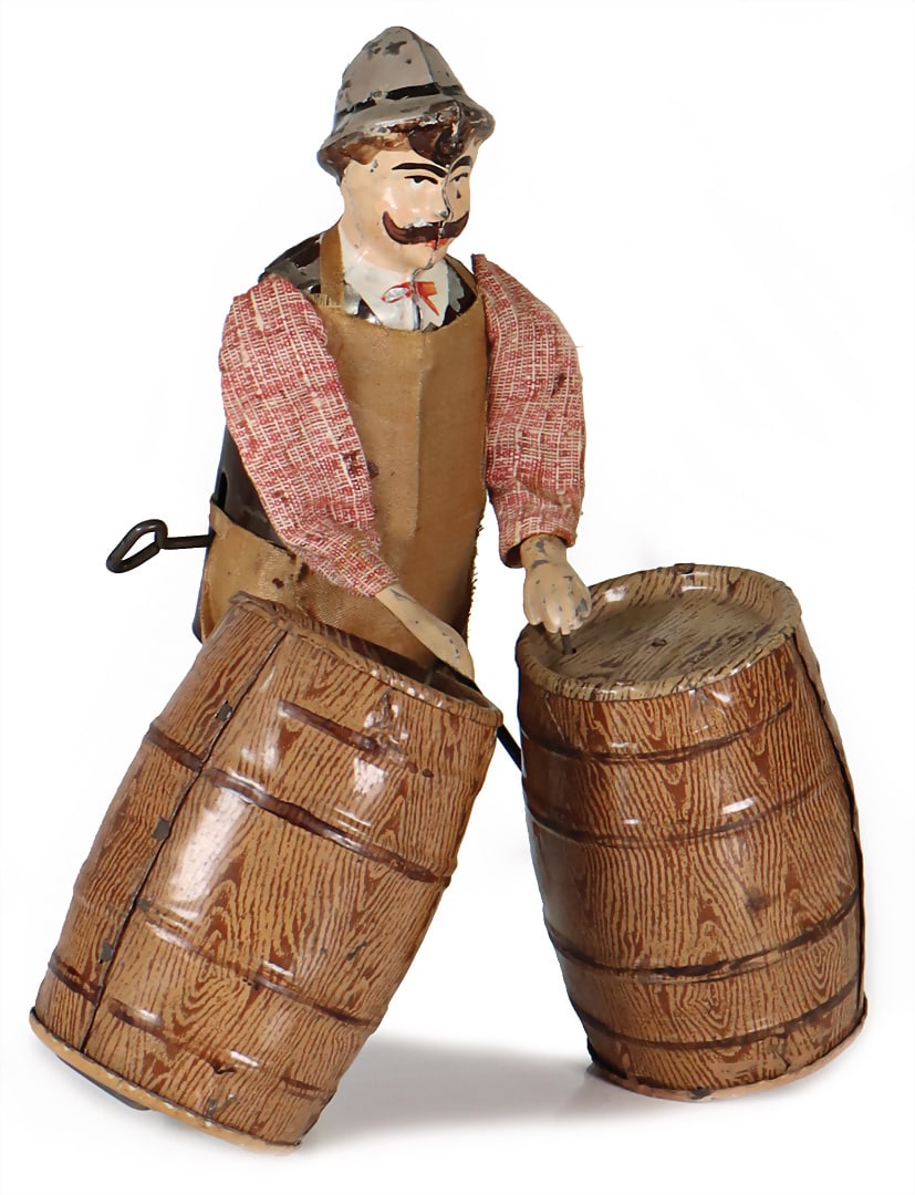 MARTIN Winegrower with 2 barrels, sheet metal, handpainted, barrels lithographed, clockwork intact, (1 of 3)