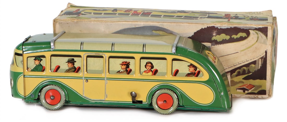 omnibus, according to Made in Germany, A208, sheet metal, lithographed, front hinged, mechanics are: omnibus, according to Made in Germany, A208, sheet metal, lithographed, front hinged, mechanics are enclosed disassembled, optically good condition, in original cardboard box, technically not checked 