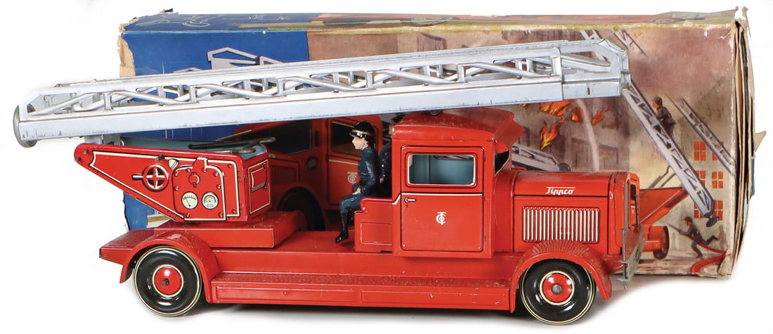 TIPP&CO fire department, tin, lithographed, 30 cm, 2 men crew, clockwork intact, very good (1 of 2)
