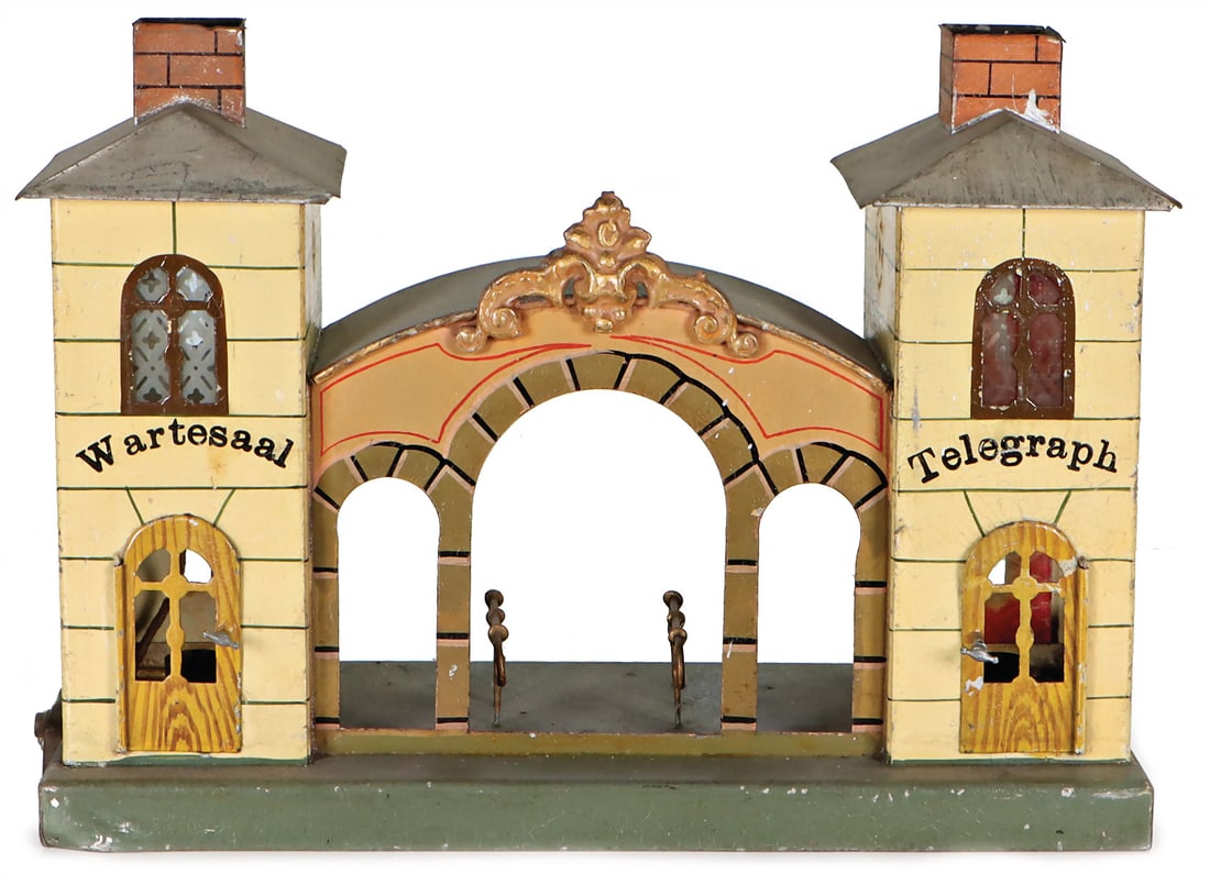 railroad station, tin, hand-painted, antique, w: 27 cm, h: 21 cm, used, 1 lighting was mounted at (1 of 3)