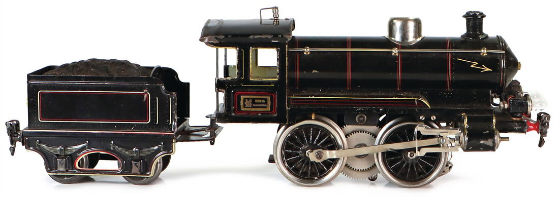 MÄRKLIN Track 1, clockwork tender loco, 110-220 V for direct and alternating current, off.: MÄRKLIN Track 1, clockwork tender loco, 110-220 V for direct and alternating current, off. brush bearing, 2 headlights with lamp, slight paint chips, function not tested, with 2-axle tender, 42 c