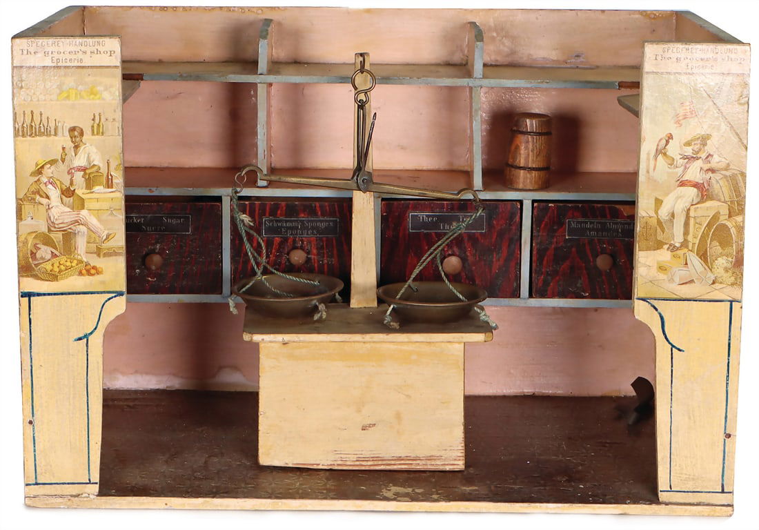 Small store c. 1890, grocery store, h: 22 cm, w: 32.5 cm, drawers with paper labels, front with (1 of 1)