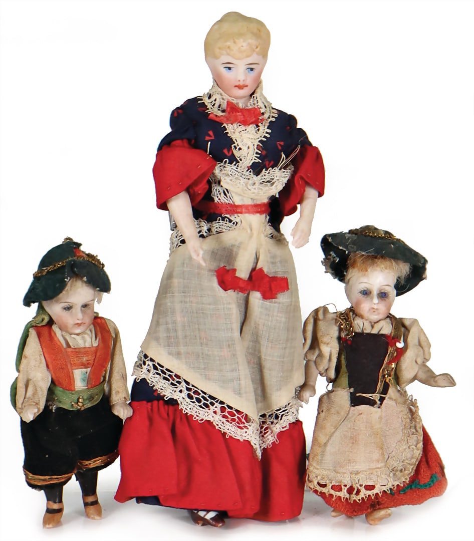mixed lot of 3 pieces, dollhouse doll, lady, 15.5 cm, bisque head, arms and legs, fabric body, 2 (1 of 2)