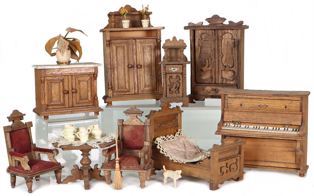 Wilhelminian style, furniture, cupboards, piano, h: 14.5 cm, bed with bedside table, 2 armchairs,: Wilhelminian style, furniture, cupboards, piano, h: 14.5 cm, bed with bedside table, 2 armchairs, small parts, around 1900, "Toy Museum Graz" German Description Gründerzeit, Möbel, Schrä