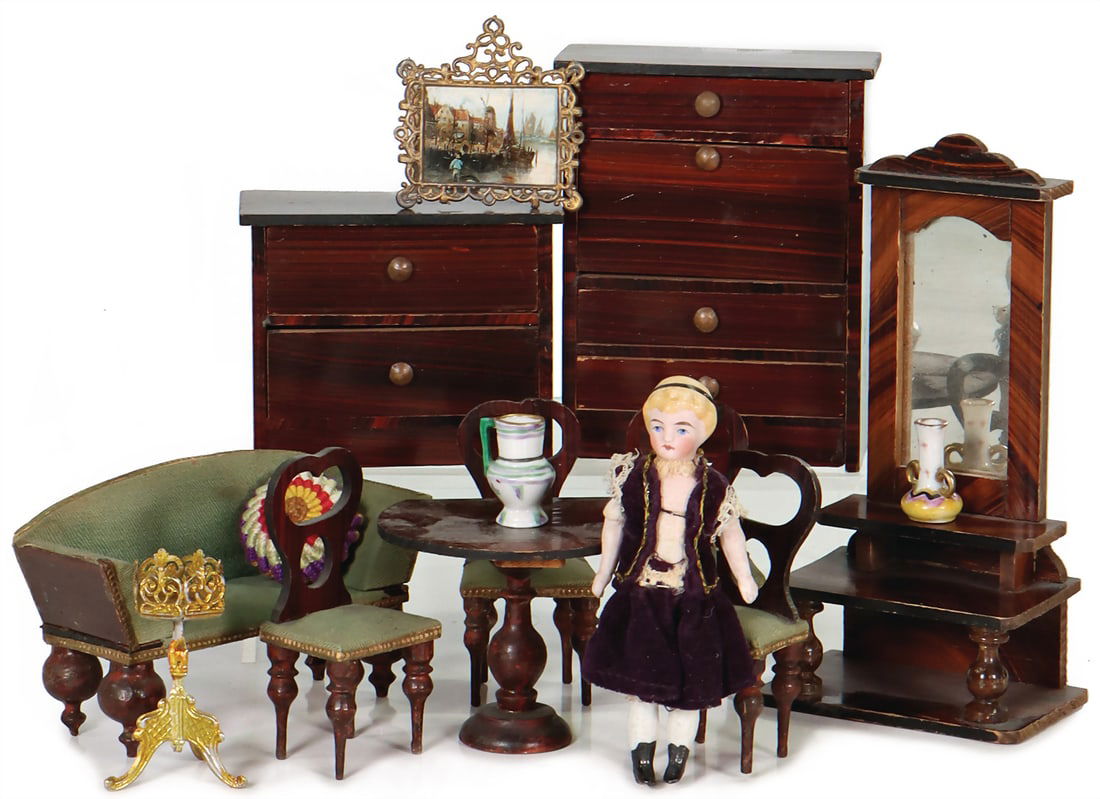 Small Biedermeier furniture program, mirror, h: 15 cm, settee, 3 chairs, with sofa, sofa, w: 10.5 (1 of 1)