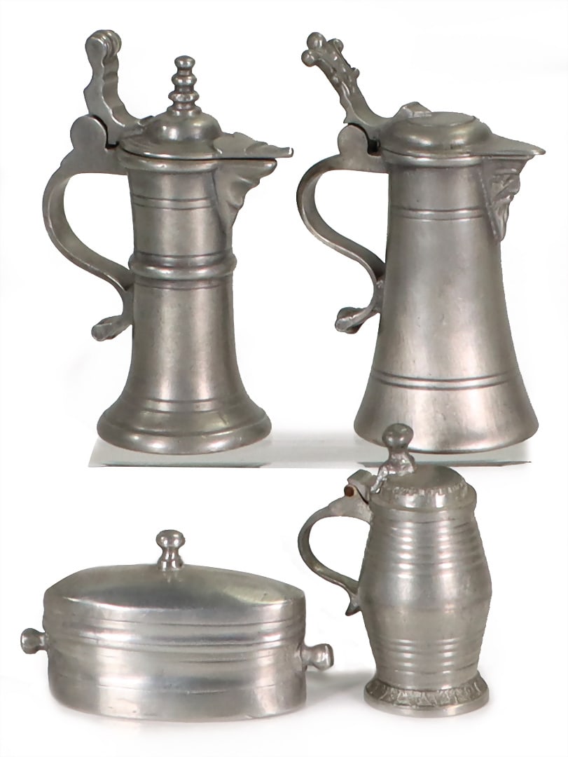 Mixed lot, pewter, 2 jugs, h: 8.5 cm, 1 jug, 6 cm, 1 sausage tin with lid, 7 cm, for early (1 of 1)