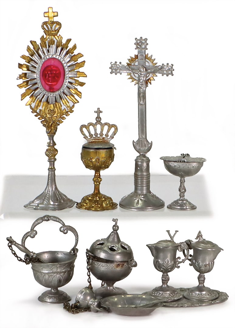 mixed lot of pewter parts, for doll's house altar, sacral, chalices, cross, bowls   German (1 of 1)