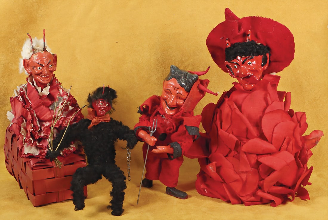 2 parts, Krampus, candy container, 1 Krampus, papier-mâché head, wire body, 1 Krampus, (1 of 2)