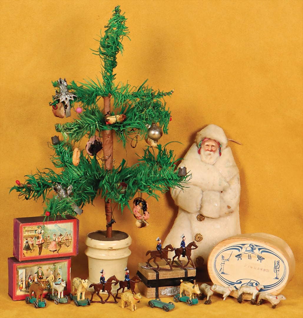 Feather tree, 27.5 cm, decorated with tragacanth parts, 1 absorbent cotton figure, wafer face, 16.5 (1 of 1)