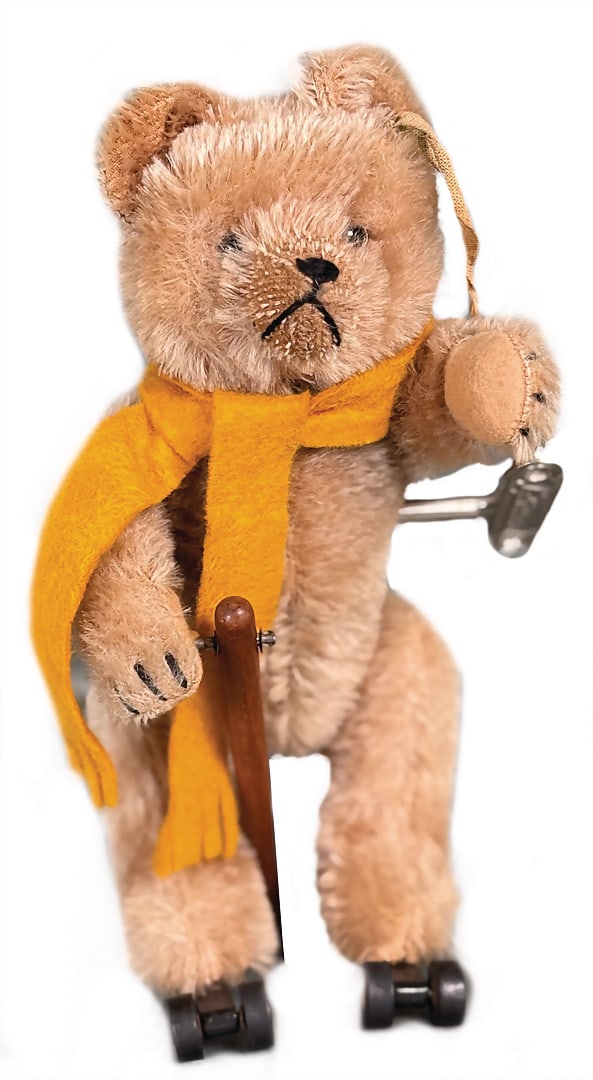 SCHUCO Rolly, bear, 22 cm, mohair-plush, shoe button eyes, very good condition, clockwork intact, (1 of 3)