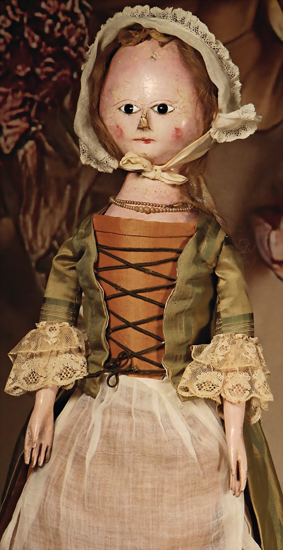 Queen Anne, wooden doll, England, around 1800, 53 cm, fixed pupil-less glass eyes, jointed wooden (1 of 4)
