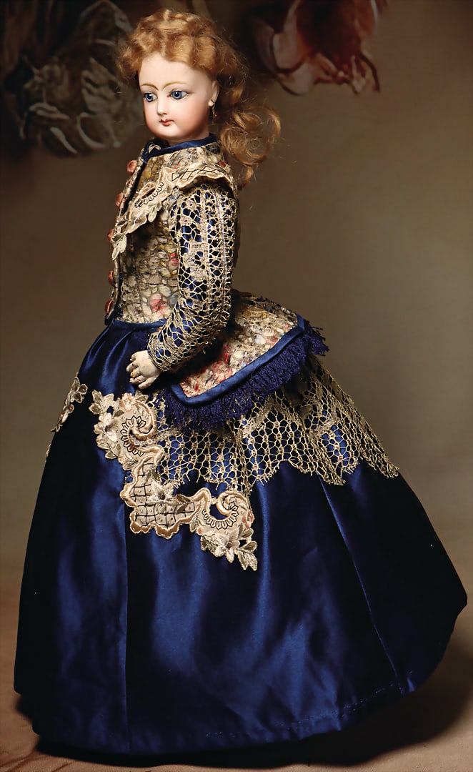 GAULTIER fashion doll, bisque porcelain crank head on bisque porcelain breastplate, neck mark: No. (1 of 4)