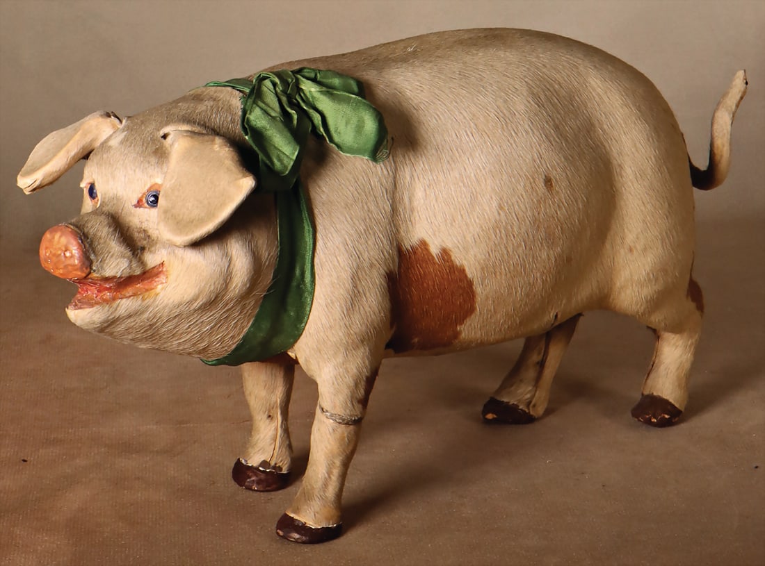 Unusual doll accessory, papier-mâché pig, with real fur cover, inset blue glass eyes, off. (1 of 5)